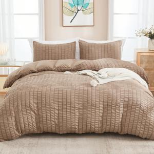 AveLom Taupe Duvet Cover King(104 x 90 inches), 3 Pieces (1 Duvet Cover, 2 Pillow Cases), Seersucker Striped Soft Washed Microfiber Textured Duvet Cover Set with Zipper Closure, Corner Ties