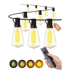 VOZUJI Outdoor Patio String Lights: 100Ft 30M Outside Waterproof Light - Remote Dimmable ST38 Shatterproof Bulb Connectable Hanging Outdoor Electric Lighting - Backyard Yard Gazebo Porch Party