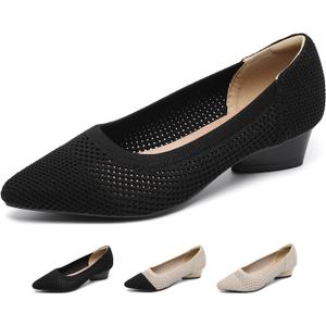 Women's Knit Pointed Toe Low Chunky Heel Pumps Fashion Mesh Hollow Shallow Mouth Slip On Low Heel Ballet Shoes Comfortable Breathable Casual Office Wedding Formal Dress Shoes, 35