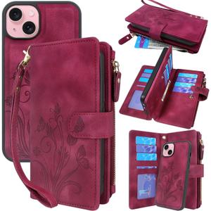 Lacass Compatible with iPhone 14 / iPhone 13 6.1 inch Case [ Card Slots] ID Credit Cash Holder Zipper Pocket Detachable Magnet Leather Wallet Cover with Wrist Strap Lanyard(Floral Wine Red)