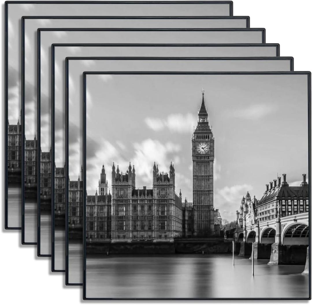 GOmaize Front Loading Black Picture Frame 8x8 Set of 6 Wall and Table Mounting