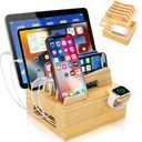 Bamboo Charging Station for Multi Devices, Small Desktop Docking Stand, Cell Phone Docking Station Charger Organizer for Tablets, Smart Watch (No USB Charger No Charging Cables)