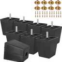 M8-1.25 Metric Thread Bolts Plastic Furniture Legs 3 Inch Black Square Sofa Feet with Plate Nuts - Couch Feet Replacement - Couch Legs Set of 8
