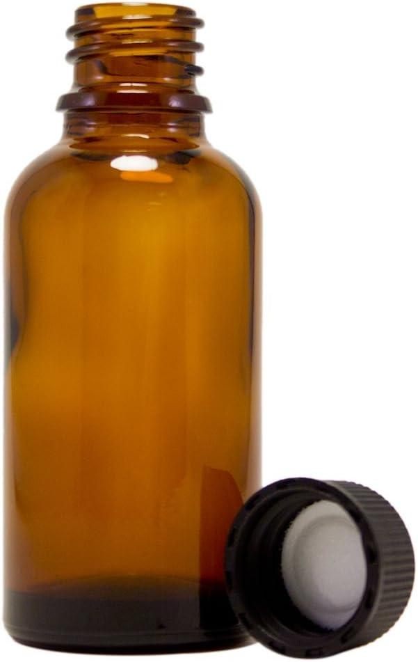 GreenHealth Pack of 4-1oz Amber Glass Bottles for Essential Oils - Mini Boston Round Bottles with Lids - Black Plastic Cap
