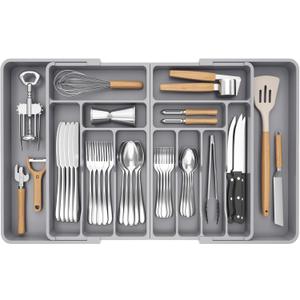 Lifewit Large Silverware Drawer Organizer, Expandable From 21 to 36 Inches, BPA Free Plastic Utensil Tray for Kitchen, Adjustable Flatware and Cutlery Holder for Spoons Forks Knives, Gray