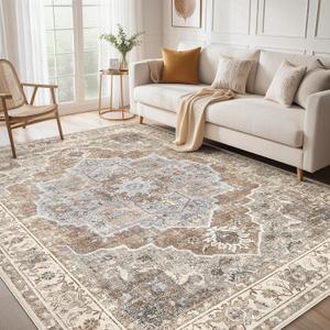 8x10 Washable Area Rug: Vintage Neutral Soft Non Slip Thin Large Floor Carpet for Living Room Bedroom Kitchen Dining Room Home Office Farmhouse Indoor - Grey Brown