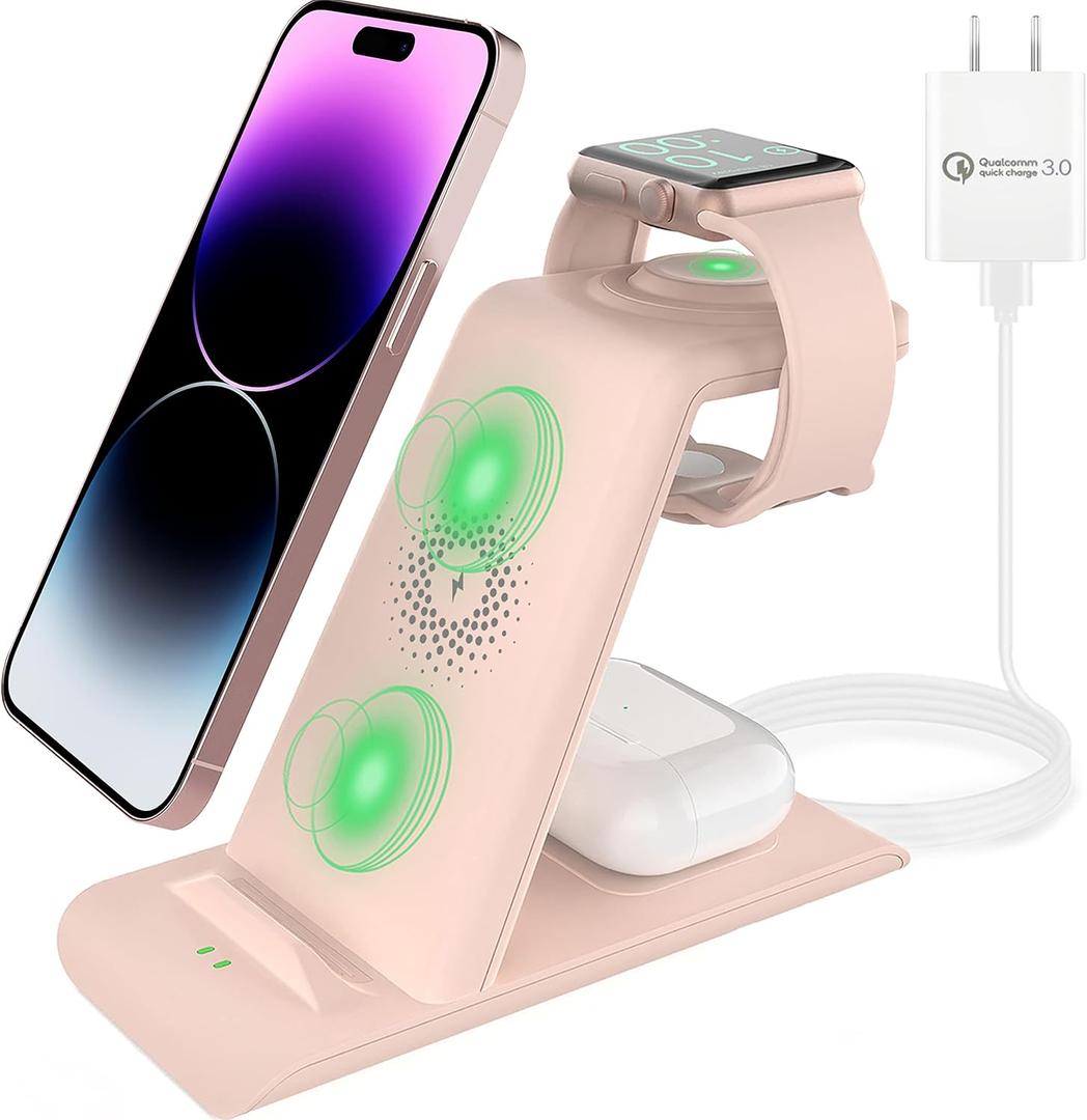 HATALKIN 3 in 1 Wireless Charging Station Compatible for Apple Products Multiple Devices Charger for Apple Watch Ultra 11 10 9 8 7 SE AirPods Pro iPhone 17 16 15 14 13 Pro Max/X/XS Fast Charger Stand (Pink)