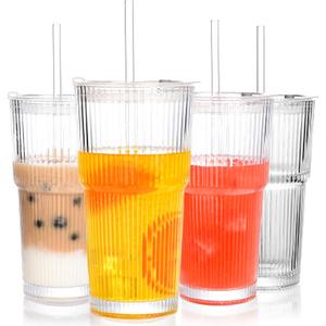 Amyoole 20 oz Tumblers with Lids and Straws, Ribbed Glass Set of 4-Clear Ice Coffee Cups Ideal for Smoothies, Juice, Boba & Cold Beverages, Durable reusable Glassware，Drinking Glasses with 1 Brush
