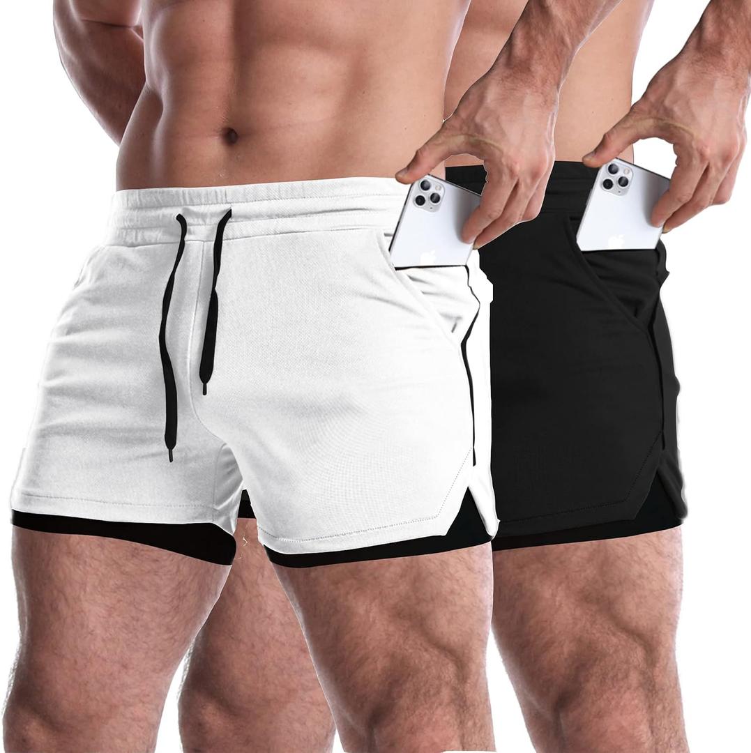 EVERWORTH Men's 2 in 1 Workout Shorts 5" Quick Dry Gym Shorts Bodybuilding Short Shorts Compression Shorts with Zipper Pocket (US Medium)