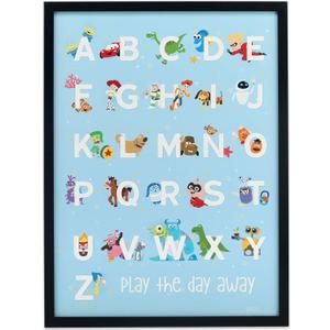 Disney Pixar Alphabet Framed Wood Wall Decor - Large Pixar Movie Wall Art Featuring Toy Story, Cars, The Incredibles and More (Blue)