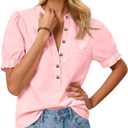 Cicy Bell Womens Puff Sleeve Tops Button Down Shirts Summer Casual Collared V Neck Cotton Blouse (Pink)