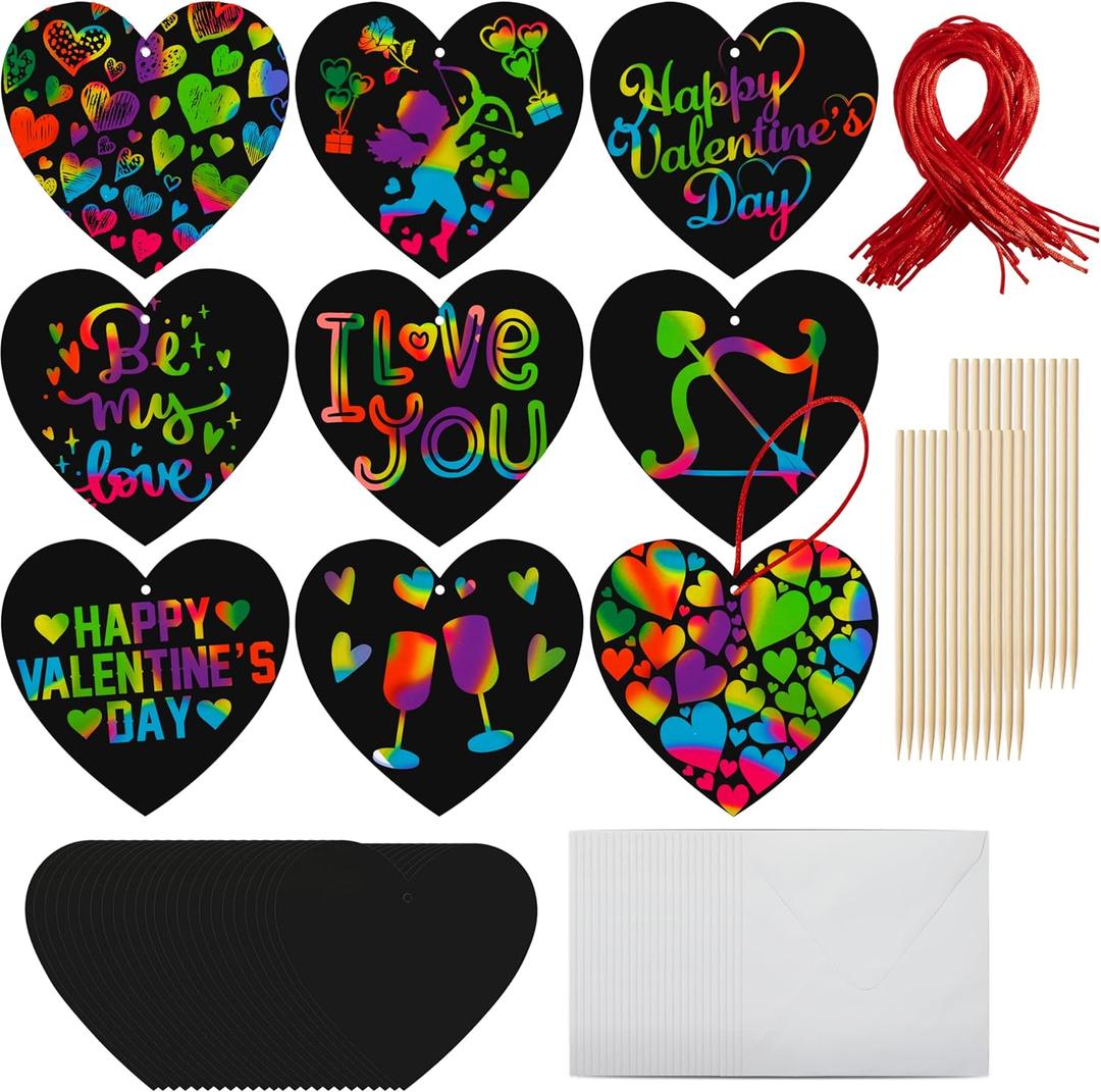 JOYIN 24 Packs Valentines Day Cards with Scratch Heart Paper, Magic Color Heart Rainbow Scratch Cards for Kids Crafts and Art Classroom Exchange, Valentine's Party Favors