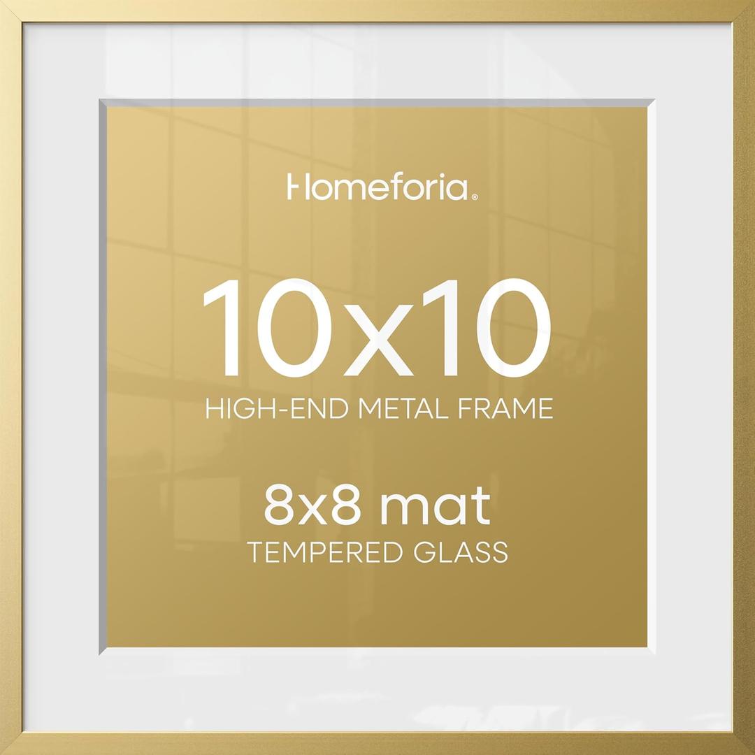 Homeforia Square 10x10 Gold Frame, High End Metal 10 by 10 Picture Frames with Mat 8 x 8, 10by10 Thin Poster Frame Matted to 8x8 inch Photo, Wall or Tabletop Frames, Tempered Glass, Wall Kit, Set of 1
