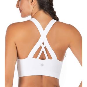 RUNNING GIRL Sports Bra for Women, Criss-Cross Back Padded Strappy Sports Bras Medium Support Yoga Bra with Removable Cups (Large, White)