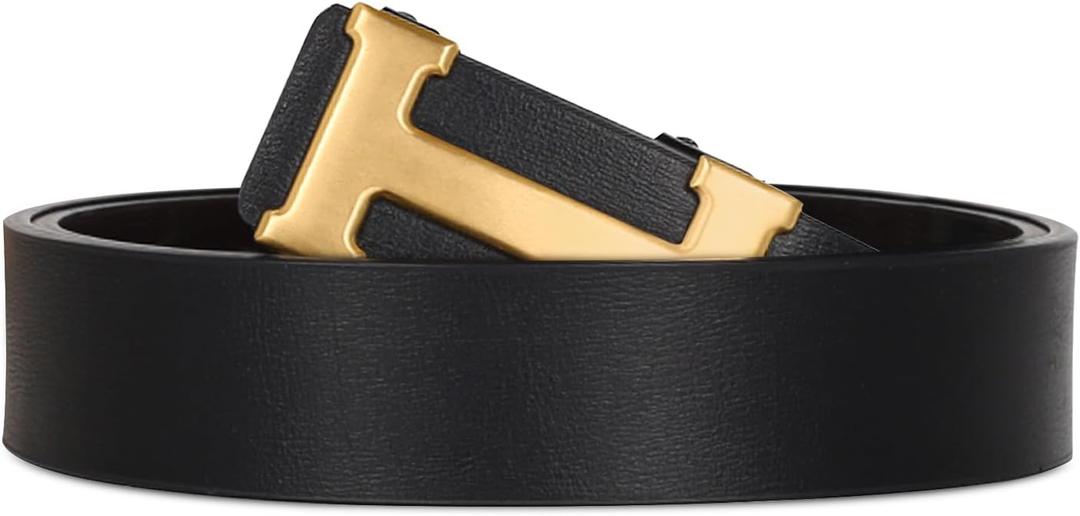 Men&Womens Leather Dress Belt Business Automatic Buckle Belt Color:Black Silver Gold (43 inches Length Adjustable, A11-black-gold)