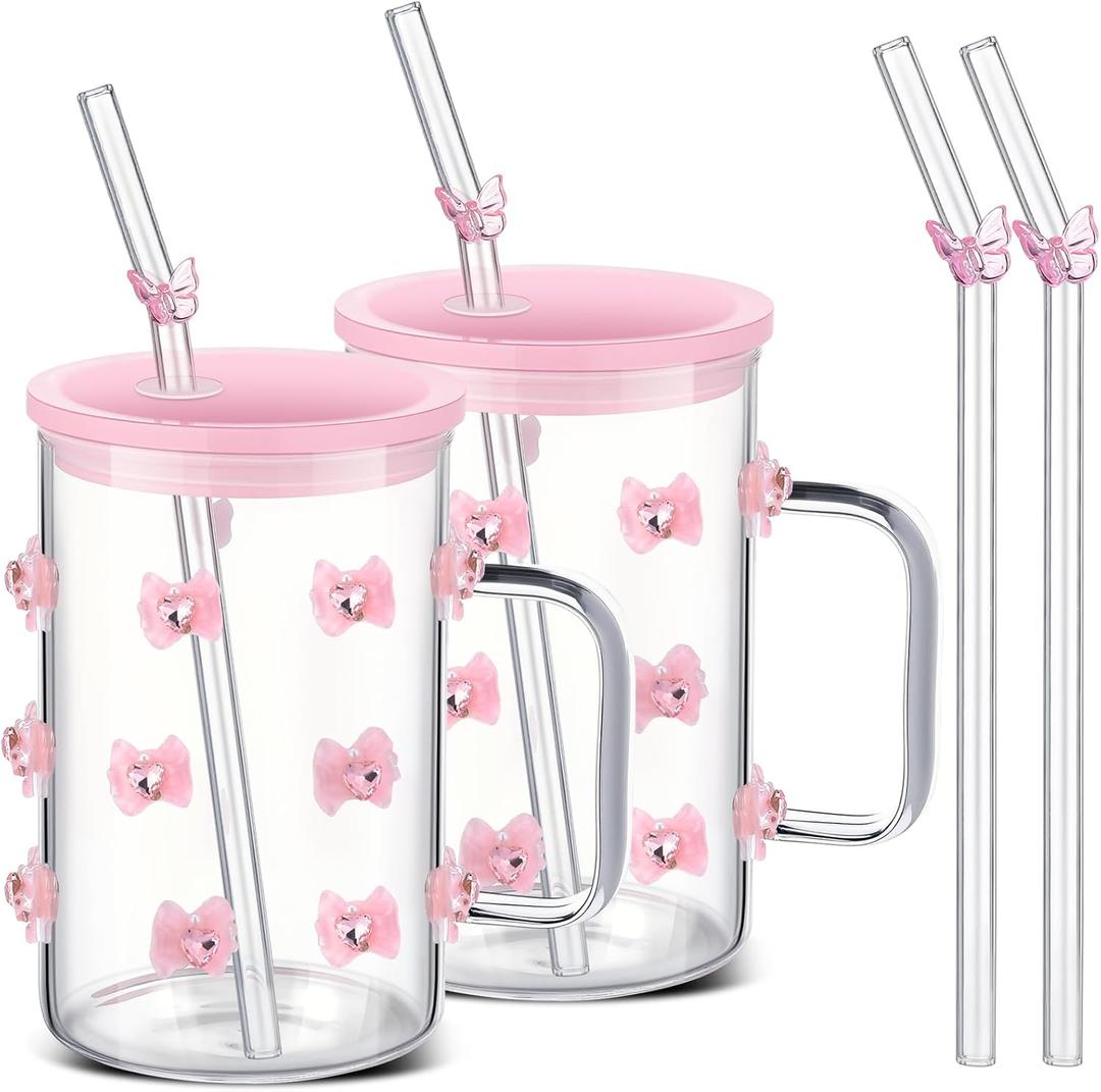 Skylety 2 Pcs 3D Pink Bow Glass Cup with Lid and Straw Pink Bow Icon Juice Glass with Handle 17 oz Coquette Aesthetic Cup Iced Coffee Tumbler for Women Girls Sister Friend Party Favor Gift