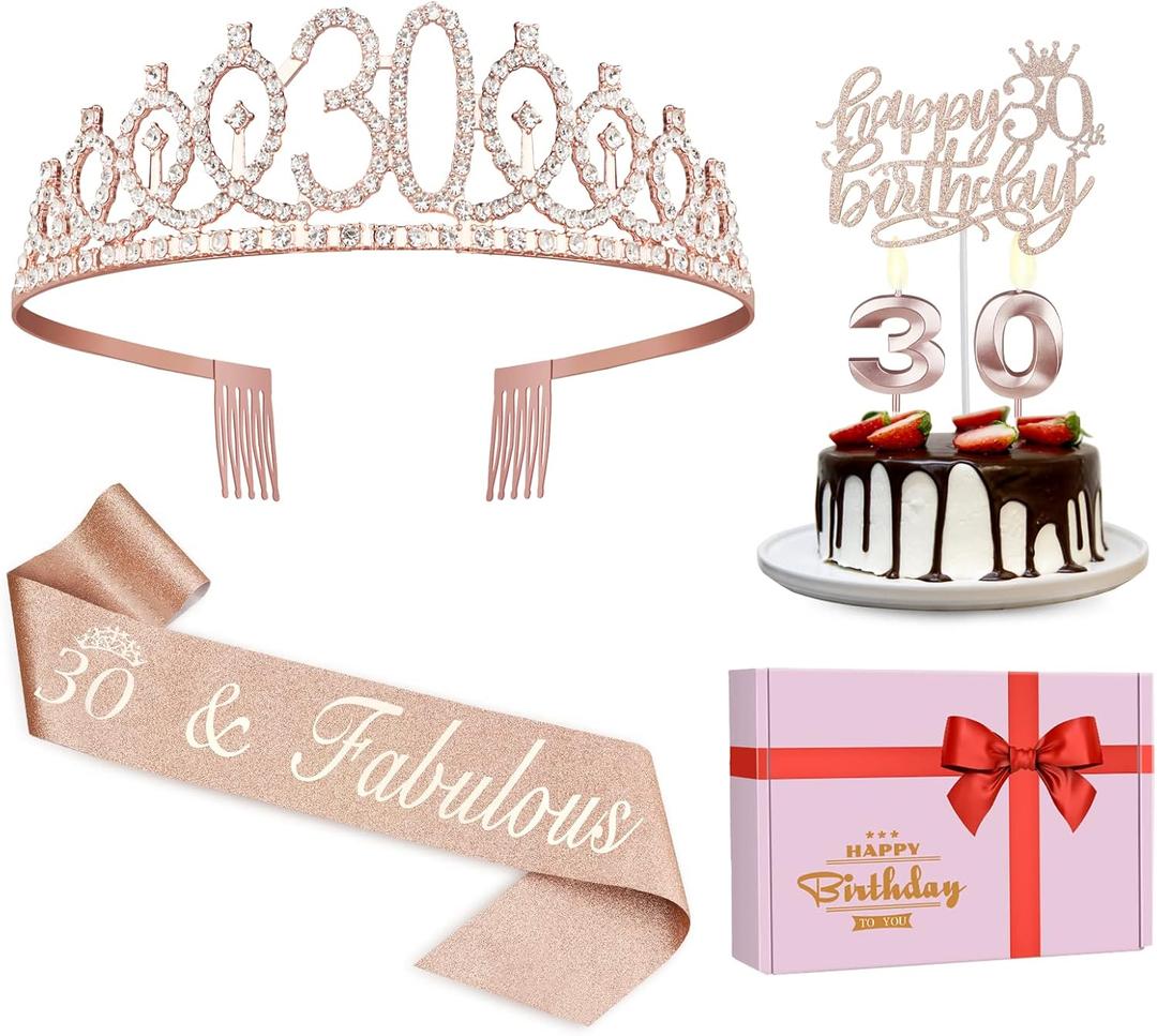 30th Birthday Decorations for Her, Including Sash, Crown/Tiara, Candles, Cake Topper, 30th Birthday Gifts for Her
