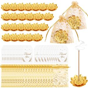 72 Pack Diwali Gifts Bulk, Lotus Incense Holder, Indian Return Gifts for Pooja Bulk, Gold Lotus Incense Sticks Holder with Organza Bags & Thank You Cards, Indian Return Gift (72 Pack)