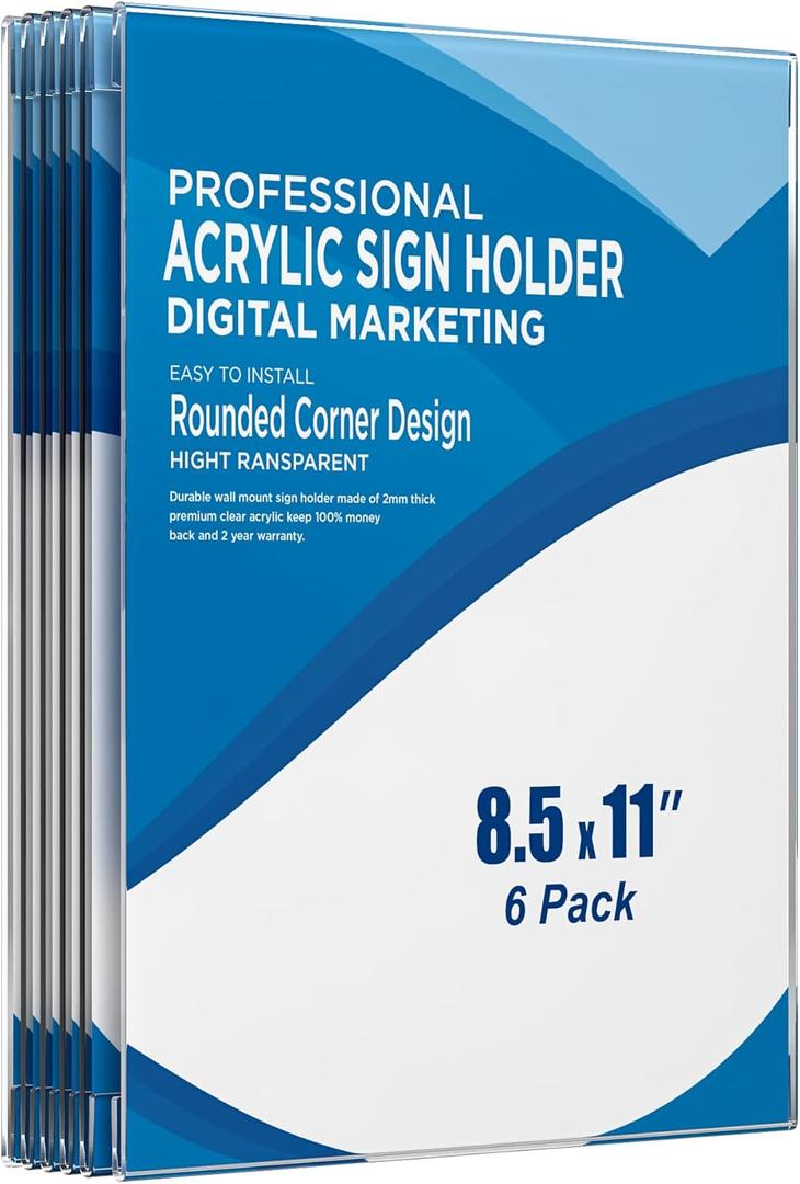 Acrylic Sign Holder 8.5x11 Wall Mount (6 Pack) Vertical Clear Frame with 3M Adhesive Tape, No Drilling Sign Display for Office, Store, Home, Restaurant
