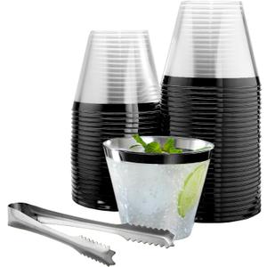 100 Black Rimmed Plastic Cups and 1 Silver Ice Tong Set - 9 Ounce Disposable Cocktail Glasses - Plastic Wine Cups - Black Party Decorations - Wedding Party Supplies