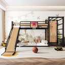 Bellemave Twin Size Bunk Bed with Basketball Hoop, Pull-up Rings and Climbing Wall, Twin Bunk Bed with Slide and Bookcase, Heavy Duty Bunk Beds with Guardrail, Natural
