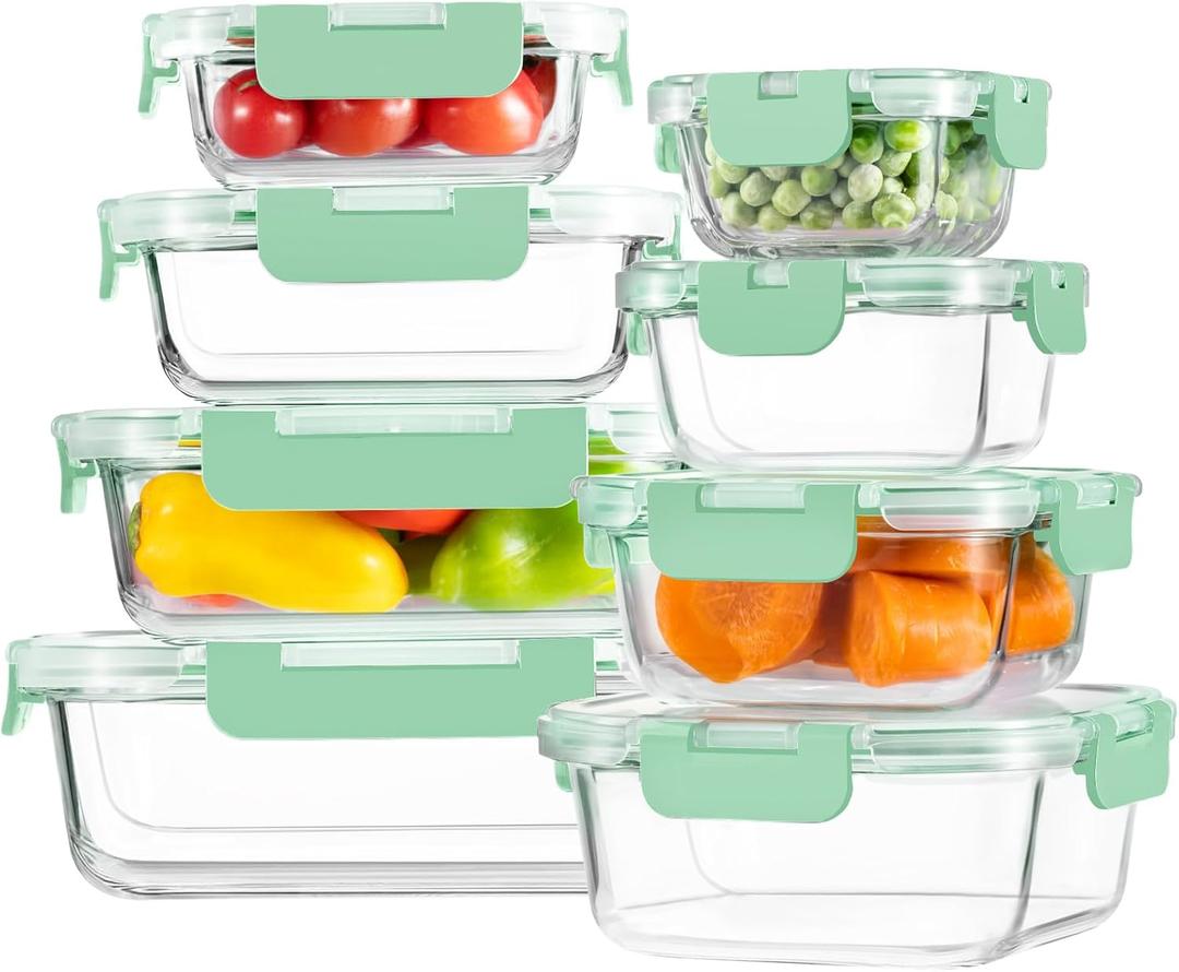 Homberking8 Pack Glass Food Storage Containers with Lids, Meal Prep Containers, Airtight Bento Boxes with Leak Proof Locking for Microwave, Oven, Freezer and Dishwasher, BPA Free, 5-35oz, light blue