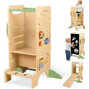 aiwo Toddler Tower Kitchen Step Stool, 3 Adjustable Height Standing Tower for Kitchen Counter, Chalkboard & Montessori Learning Activities