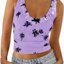 Tankaneo Womens Ruffle Deep V Neck Tank Tops Summer Sexy Floral Print Sleeveless Fitted Shirts Trendy Y2k Going Out Crop Tops (Purple, L)