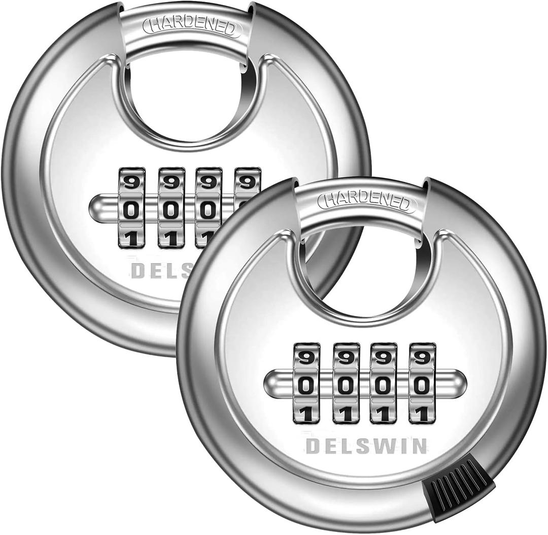 DELSWIN 4 Digit Combination Lock Disc Padlock with Hardened Steel Shackle Outdoor Combo Lock for Outdoor Gate Sheds,Storage Unit,Garage,Fence,Gym Locker(2 Pcs) (Silver)