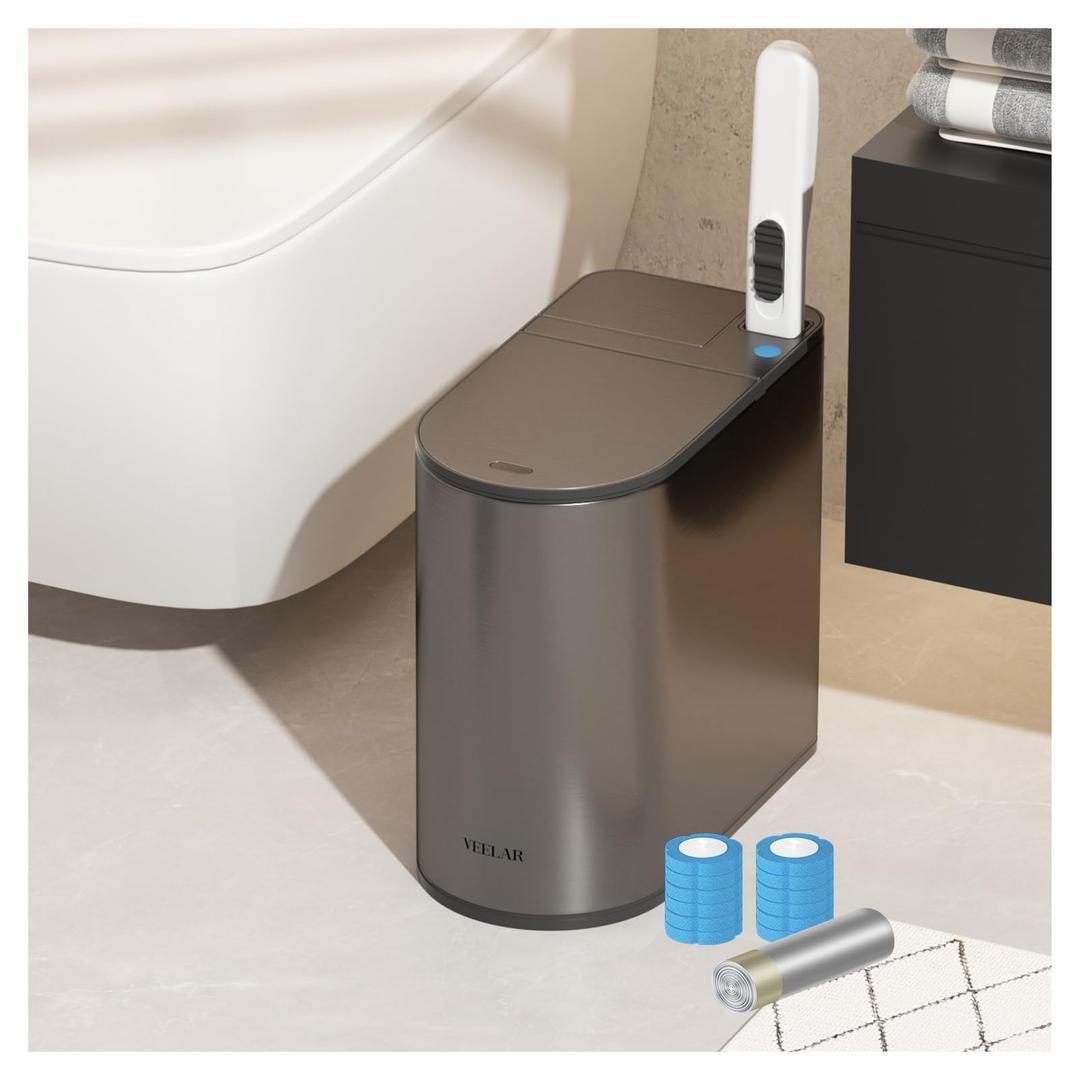 VEELAR Bathroom Trash Can with Lid - Motion Sensor Smart Garbage Bin with Toilet Brush, 2 Gallon / 7L Small Automatic Trash Can, Odor-Control for Bathroom (Grey with Toilet Brush)