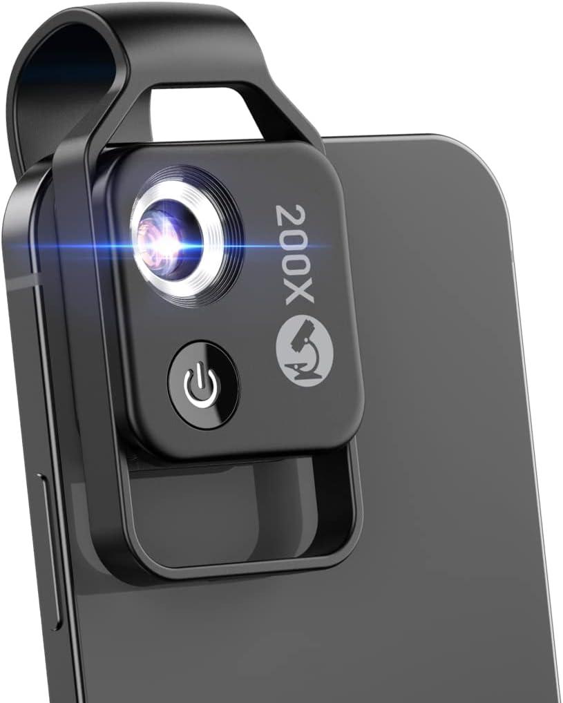 200X Phone Mini Pocket Microscope with LED Light/Universal Clip, Nano Zoom Portable Digital Microscope Camera Attachments for 99% Smartphone, Microworld for Kids Adults(Black 200X with CPL)