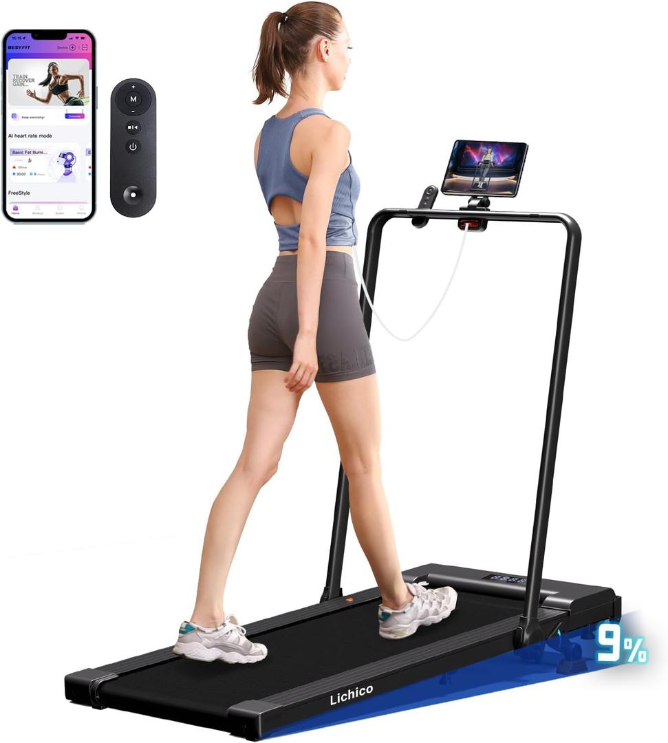 Lichico Treadmill with Incline Walking Pad Under Desk for Home and Office, 8.7MPH Compact Portable Folding Treadmill with Handle Bar, 3.0HP Quiet Brushless Motored, Remote and Smart App Control