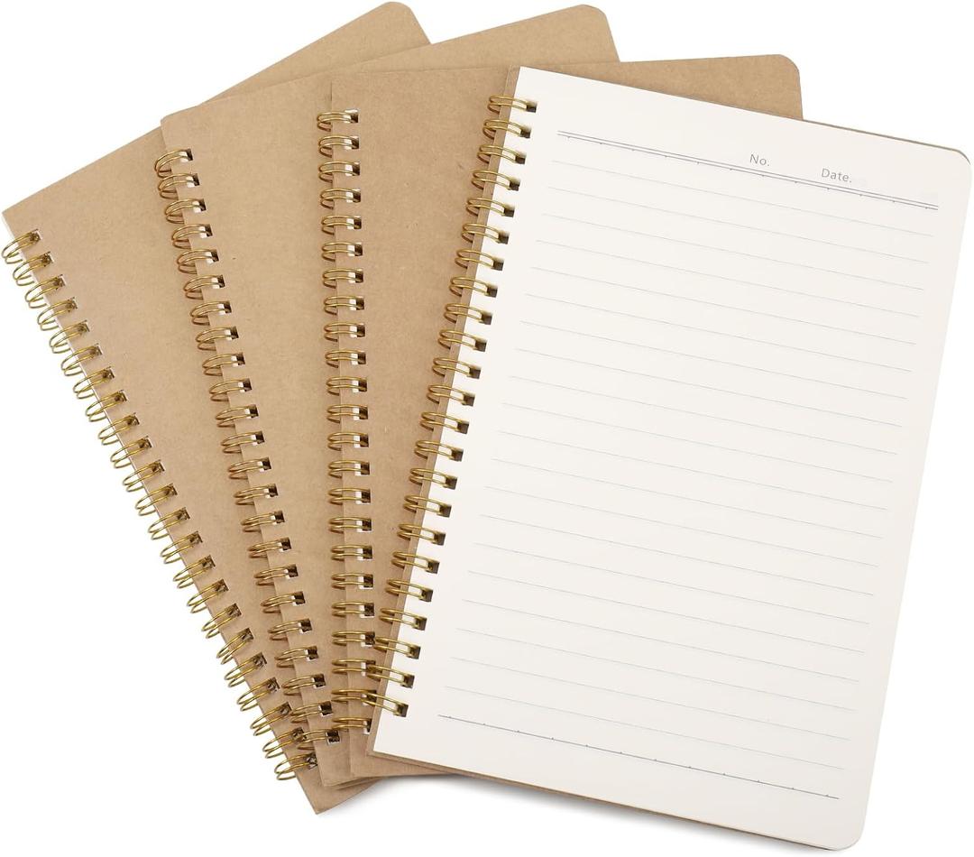 4 Packs Spiral Lined Notepad A5, 100 Pages/ 50 Sheets Kraft Cover Wirebound Notebooks Bulk Journals, Memo Notepads Planner for Business Office School Travel