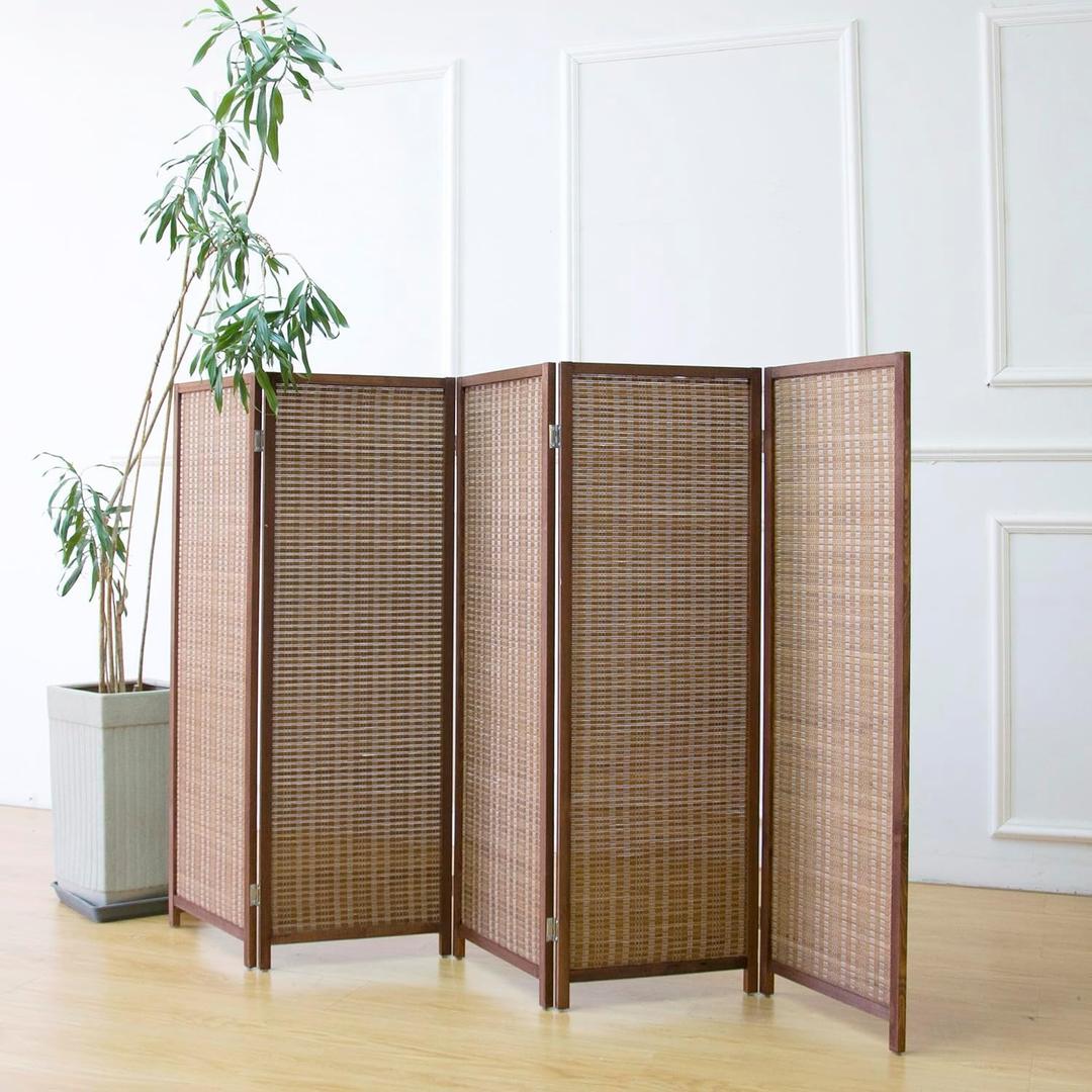 5 Panel Room Divider Short Folding Screen Divider,Double Sided Bamboo Panel Divider for Room Separation,Brown,47.2" H x 76.75" W
