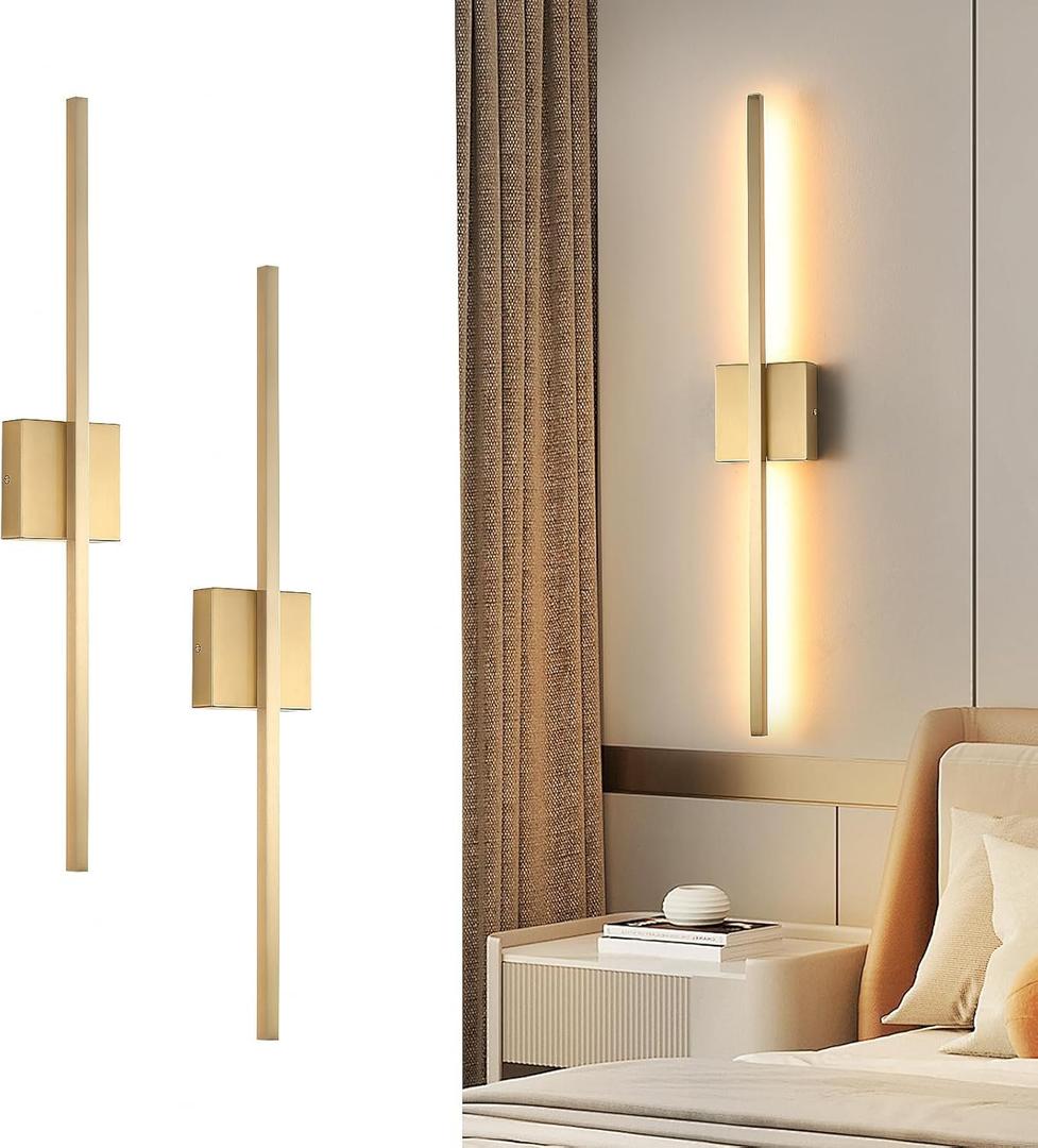Wall Sconces Set of Two, LED Dimmable Sconces Wall Lighting, Brushed Gold Modern Wall Sconce Light for Bathroom, Living Room, Bedroom, Hardwi (28Inch)