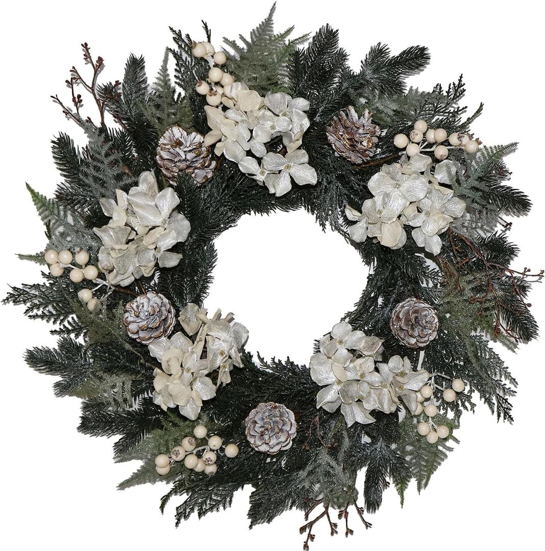 20 Glitter Pine Christmas Winter Wreath with Metallic Silk Hydrangea Pinecone & White Berry Mixed with Norfolk Cypress Cedar & Spruce, Wreaths for Front Door Porch Mantel & Fireplace Decor
