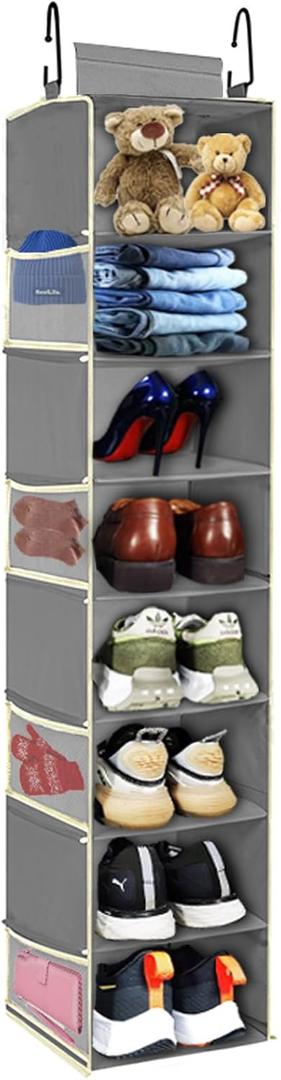 Large-Sized Hanging Shoe Organizer 8-Shelf, Hanging Closet Organizer with 8 Side Pockets, Wider Hanging Shelves for Storage Shoes Clothes 9" W x 11.8" D x 48" H, Grey