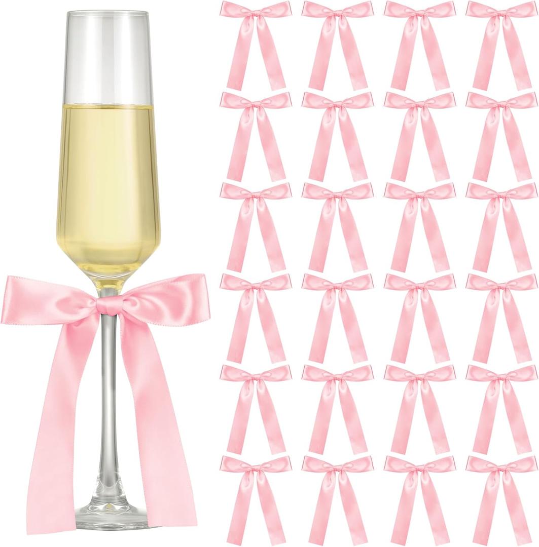 24 Pack Bows for Wine Glass Candle Holder 6.7 x 4 Inch Bow Candlestick Champagne Glass Ribbon Self Adhesive Tag Name Marker for Wedding Anniversary Party Gift Decor(Pink)