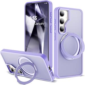 Compatible with Samsung Galaxy S24 Plus Case with 360Rotatable Magnetic Ring Stand Compatible with Mag-Safe Military Protection Matte Translucent Phone Case for Galaxy S24+,Purple