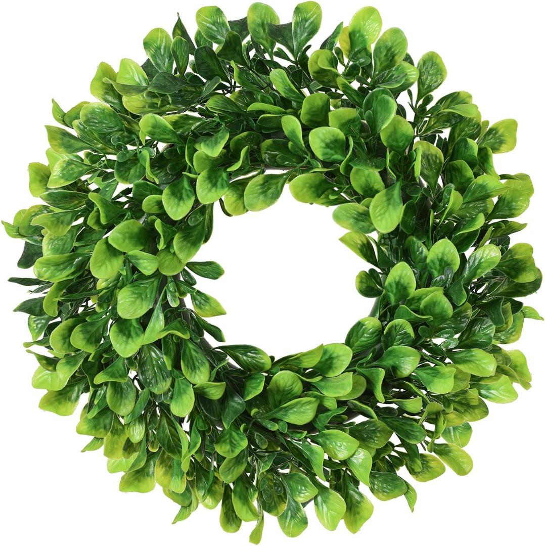 Lvydec Artificial Green Leaves Wreath - 10" Mini-Sized Boxwood Wreath for Window Wall Decor Front Door Home Decoration