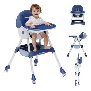 High Chairs for Babies and Toddlers, 4 in 1 Convertible Baby High Chair, Portable High Chair for Travel with Adjustable Height and Back, Foldable HighChair with Wheels& Pu Cushion