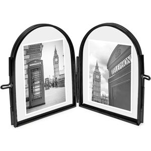 Isaac Jacobs 2x3 Vintage Style, Double-Sided Arched Brass & Glass Metal Floating Picture Frame with Locket Closure (Vertical), Made for Tabletop Display (2x3 Vertical, Black)