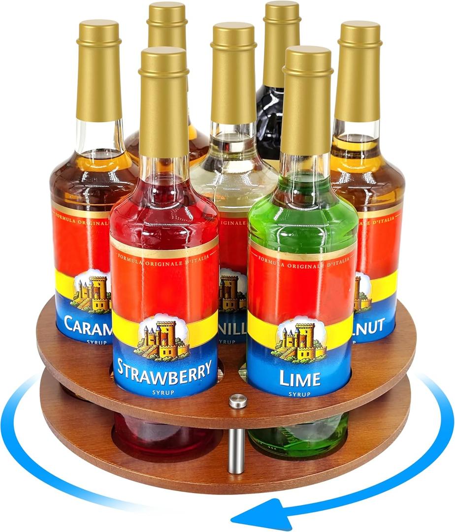 Rotating Coffee Syrup Organizer Rack,Syrup Bottle Stand Holder for Coffee Syrup Station,7 Bottles Storage Display Turntable Tray&Lazy Susan for Syrup,Liquor Wine in Kitchen Countertop (Brown)