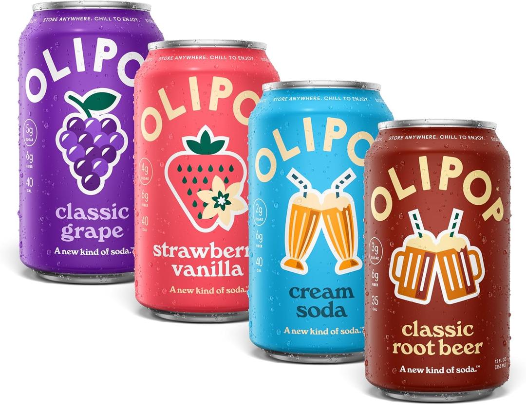OLIPOP Prebiotic Soda Pop, Favorites Variety, Pantry Pack Packed with Prebiotics, Fiber, and Botanicals, Gluten Free, GMO Free, 12oz (12-Cans) (EXP 12/16/27)
