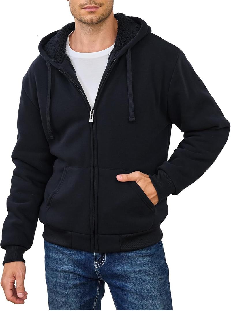 Hoodies for Men Full Zip Up Fleece Warm Thick Jackets Heavyweight Sherpa Lined Coat (X-Large, Black)