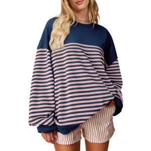HEYTALALA Womens Oversized Striped Sweatshirts Y2K Long Sleeve Crewneck Sweater Color Block Drop Shoulder Loose Pullover Tops (S)