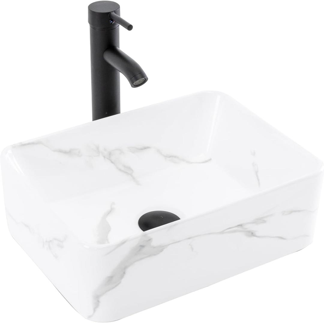 Bathroom Vessel Sink Combo with Faucet and Pop-up Drain, 16" x 12" Rectangular Porcelain Ceramic Basin with White Marble Pattern, Above Counter Sink for Vanity