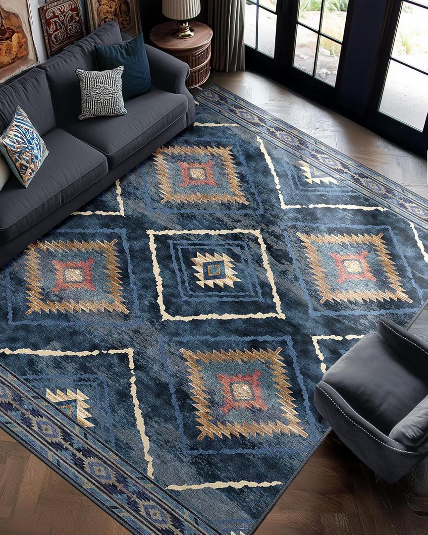 Area Rug 8x10 Rug Machine Washable Non-Slip Low Pile Print Pattern Western Rug for Living Room Bedroom Entryway Tribal Series -Darkblue
