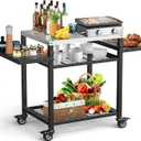 Three-Shelf Grill Cart, Stainless Steel & Black, Outdoor Grill Table with Pizza Oven & BBQ Grill Stand