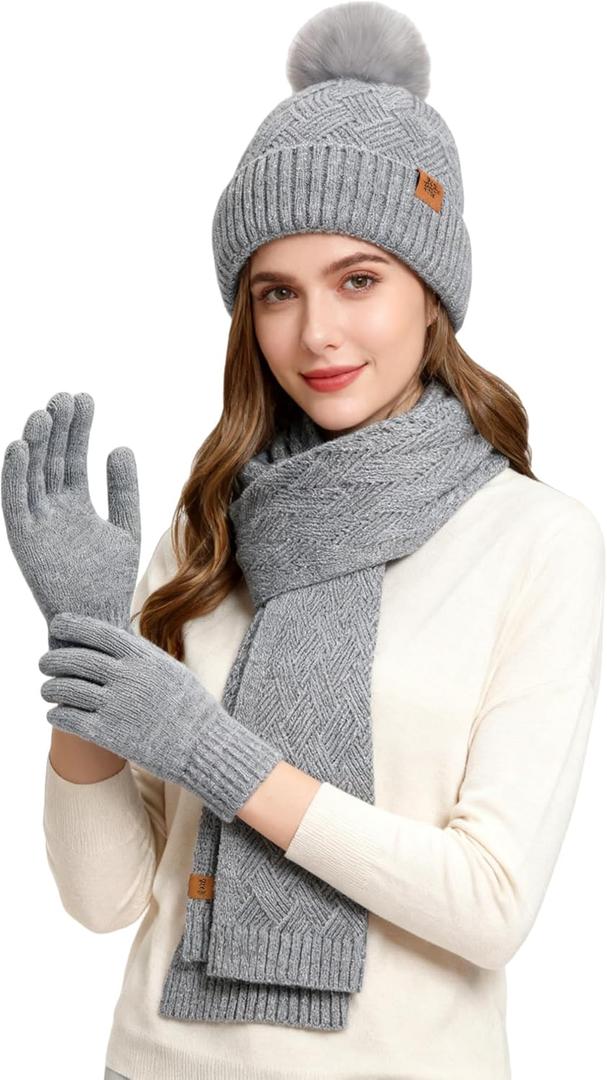 Women Winter Warm Hat Scarf Gloves Set, Touchscreen Gloves Beanie Hat Thick Scarf Set, 3 Pieces Warm Winter Gift (Gray)